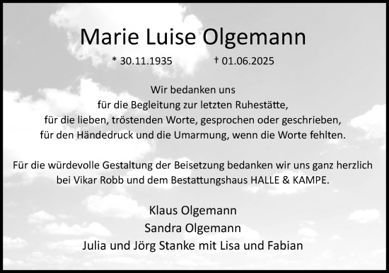 Anzeige  Marie Luise Olgemann  Lippische Landes-Zeitung