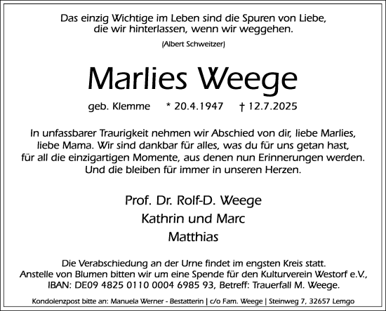 Anzeige  Marlies Weege  Lippische Landes-Zeitung