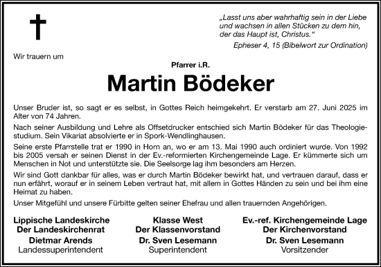 Anzeige  Martin Bödeker  Lippische Landes-Zeitung