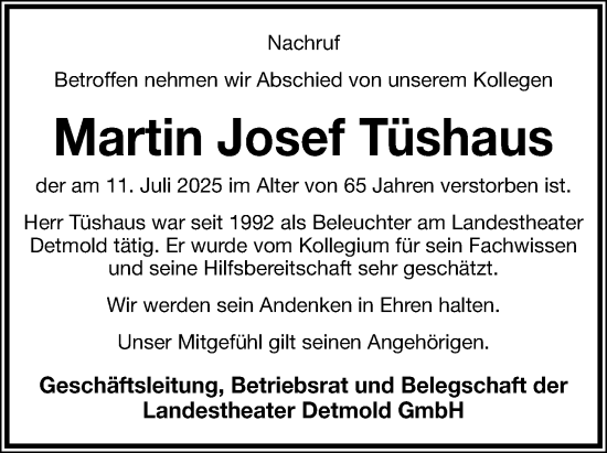 Anzeige  Martin Josef Tüshaus  Lippische Landes-Zeitung