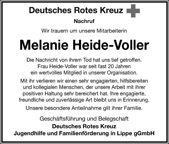 Anzeige  Melanie Heide-Voller  Lippische Landes-Zeitung
