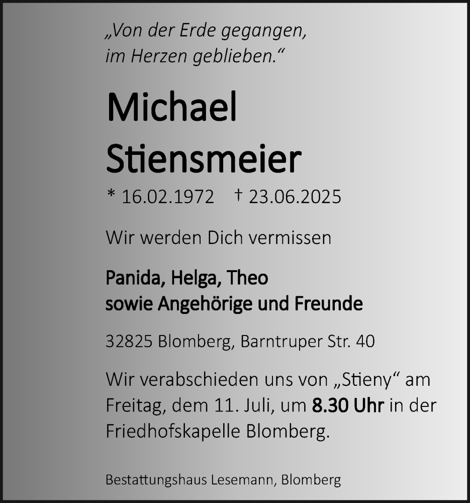  Traueranzeige für Michael Stiensmeier vom 28.06.2025 aus Lippische Landes-Zeitung