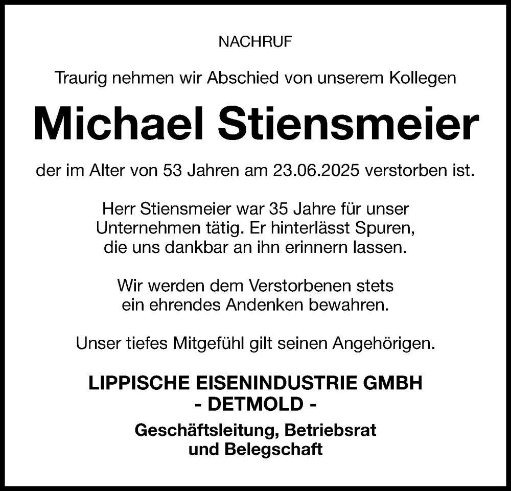  Traueranzeige für Michael Stiensmeier vom 28.06.2025 aus Lippische Landes-Zeitung