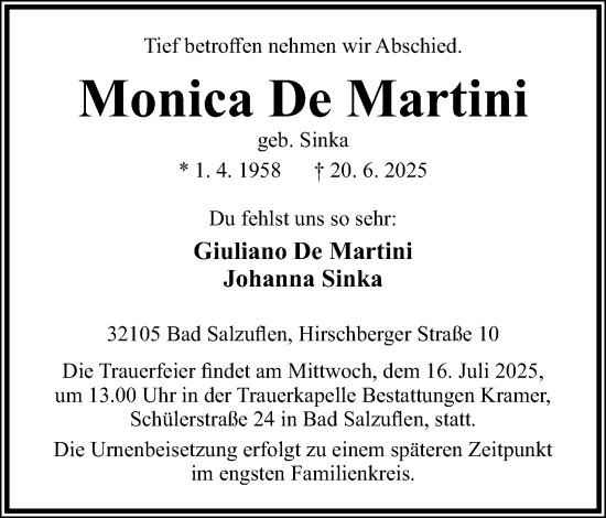 Anzeige  Monica De Martini  Lippische Landes-Zeitung