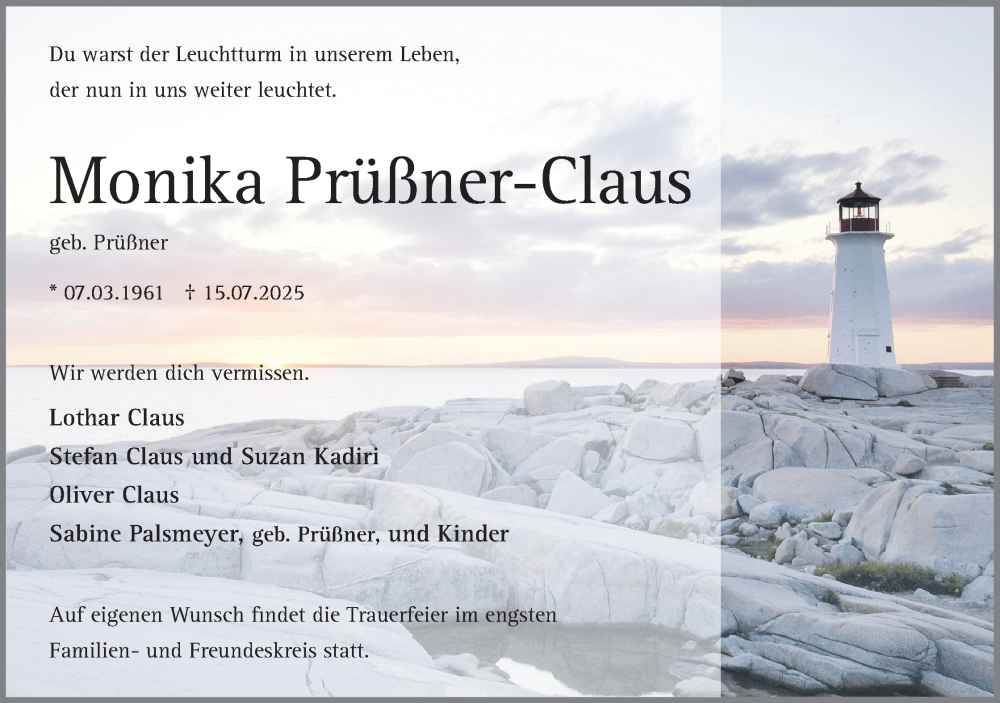  Traueranzeige für Monika Prüßner-Claus vom 26.07.2025 aus Lippische Landes-Zeitung