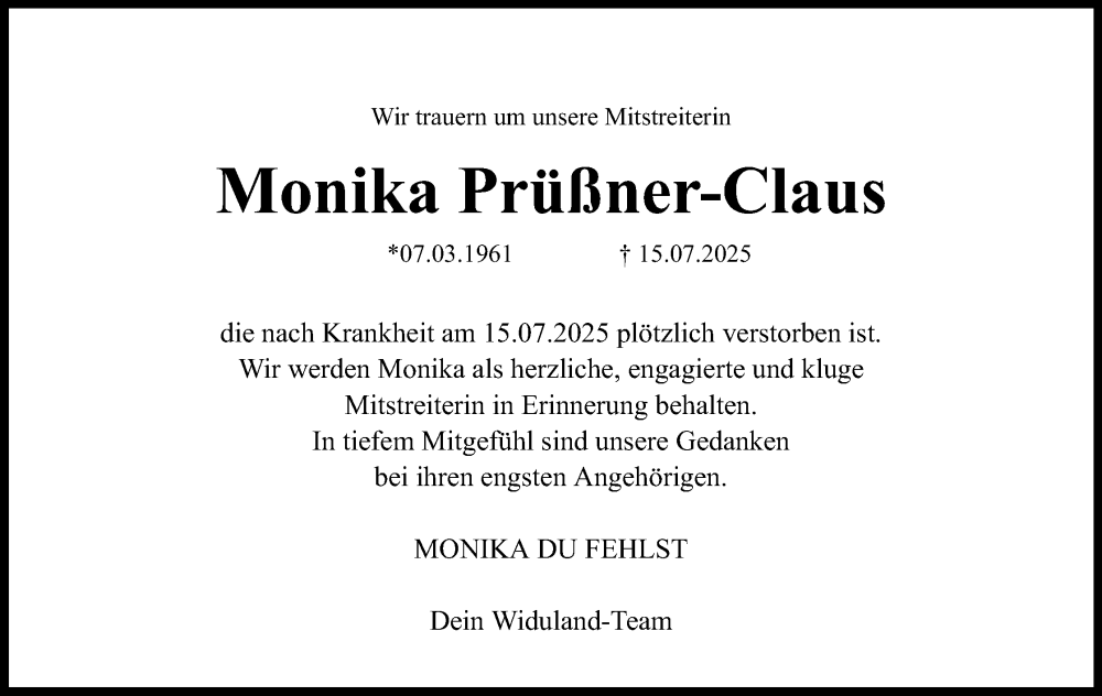  Traueranzeige für Monika Prüßner-Claus vom 30.07.2025 aus Lippische Landes-Zeitung