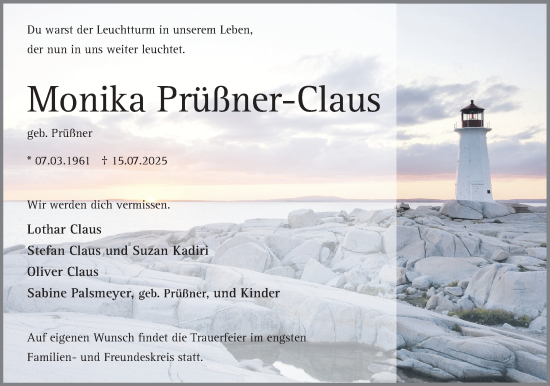 Anzeige  Monika Prüßner-Claus  Lippische Landes-Zeitung
