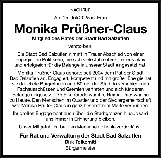 Anzeige  Monika Prüßner-Claus  Lippische Landes-Zeitung