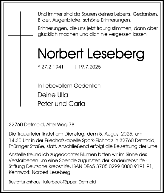 Anzeige  Norbert Leseberg  Lippische Landes-Zeitung