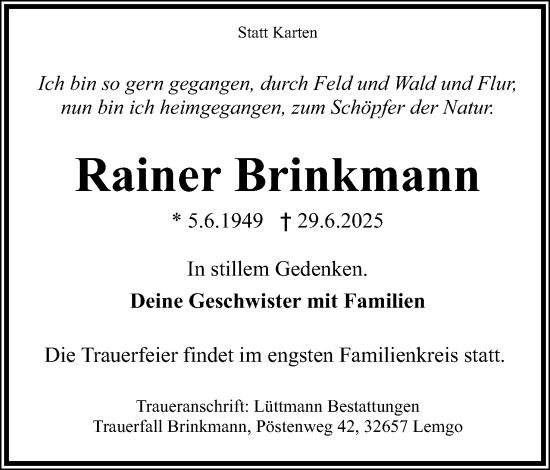 Anzeige  Rainer Brinkmann  Lippische Landes-Zeitung