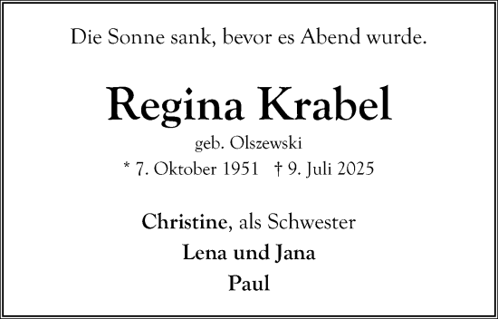 Anzeige  Regina Krabel  Lippische Landes-Zeitung