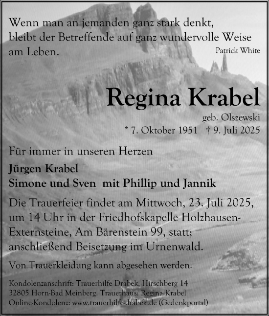 Anzeige  Regina Krabel  Lippische Landes-Zeitung
