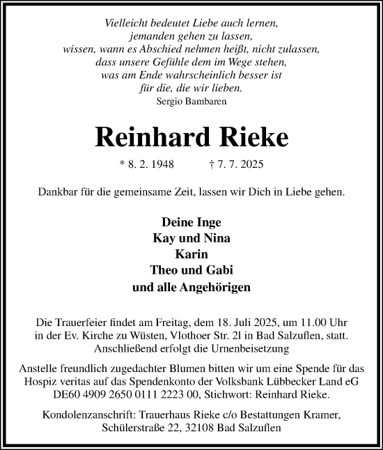 Anzeige  Reinhard Rieke  Lippische Landes-Zeitung