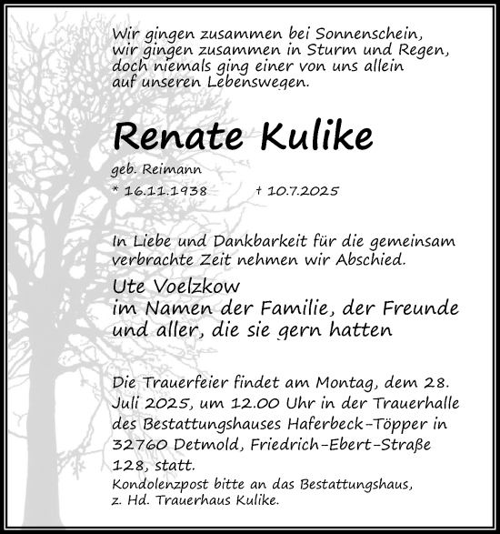 Anzeige  Renate Kulike  Lippische Landes-Zeitung
