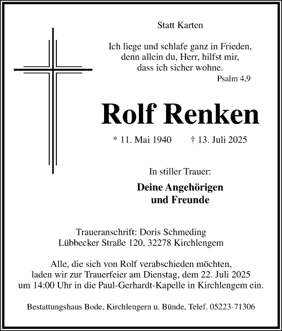 Anzeige  Rolf Renken  Lippische Landes-Zeitung