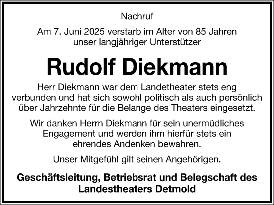 Anzeige  Rudolf Diekmann  Lippische Landes-Zeitung