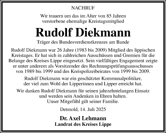 Anzeige  Rudolf Diekmann  Lippische Landes-Zeitung