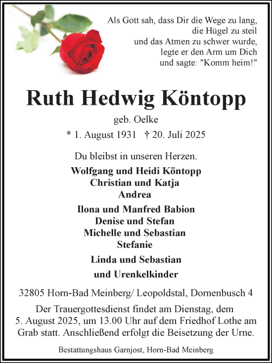 Anzeige  Ruth Hedwig Köntopp  Lippische Landes-Zeitung