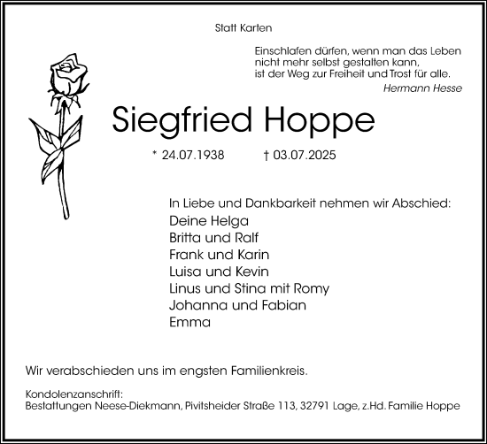 Anzeige  Siegfried Hoppe  Lippische Landes-Zeitung