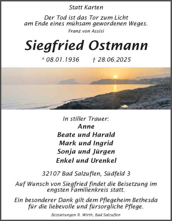 Anzeige  Siegfried Ostmann  Lippische Landes-Zeitung