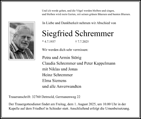 Anzeige  Siegfried Schremmer  Lippische Landes-Zeitung