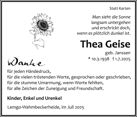 Anzeige  Thea Geise  Lippische Landes-Zeitung