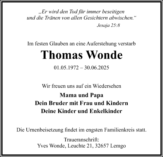 Anzeige  Thomas Wonde  Lippische Landes-Zeitung