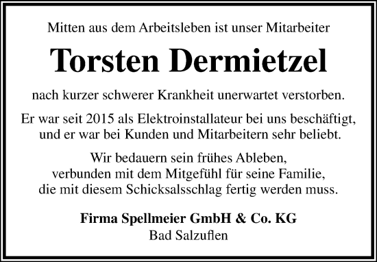 Anzeige  Torsten Dermietzel  Lippische Landes-Zeitung