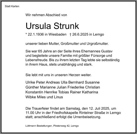 Anzeige  Ursula Strunk  Lippische Landes-Zeitung