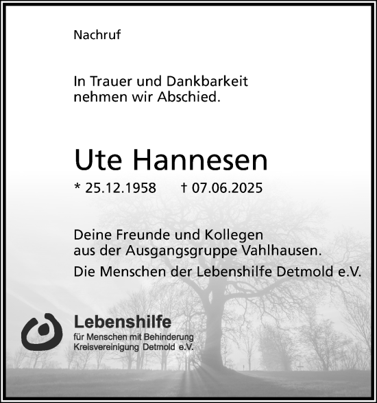 Anzeige  Ute Hannesen  Lippische Landes-Zeitung