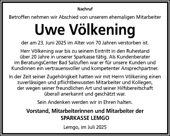 Anzeige  Uwe Völkening  Lippische Landes-Zeitung
