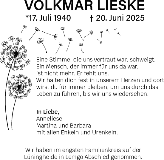 Anzeige  Volkmar Lieske  Lippische Landes-Zeitung