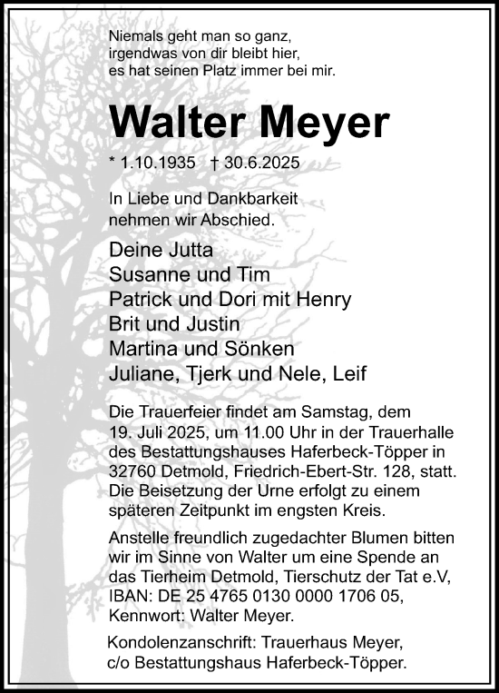 Anzeige  Walter Meyer  Lippische Landes-Zeitung