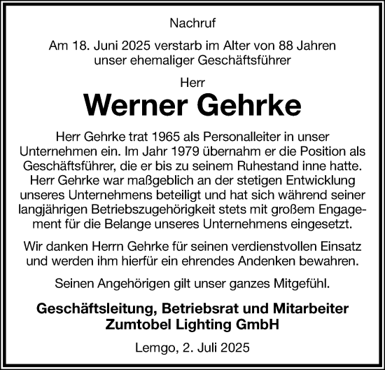 Anzeige  Werner Gehrke  Lippische Landes-Zeitung