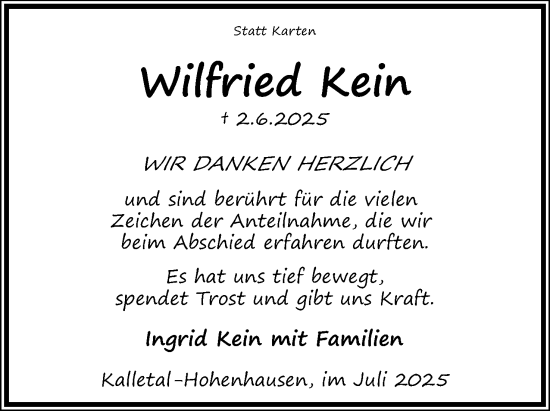 Anzeige  Wilfried Kein  Lippische Landes-Zeitung