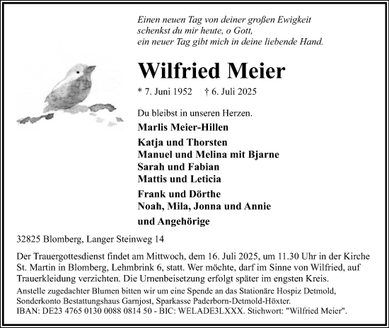 Anzeige  Wilfried Meier  Lippische Landes-Zeitung