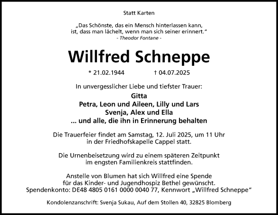 Anzeige  Willfred Schneppe  Lippische Landes-Zeitung