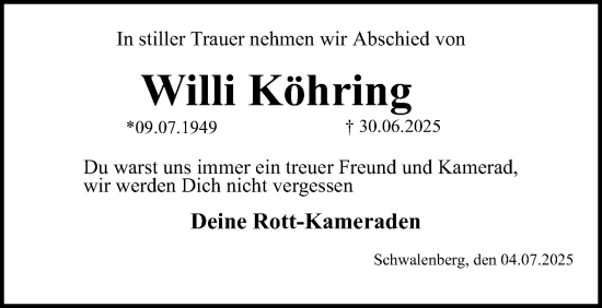 Anzeige  Willi Köhring  Lippische Landes-Zeitung