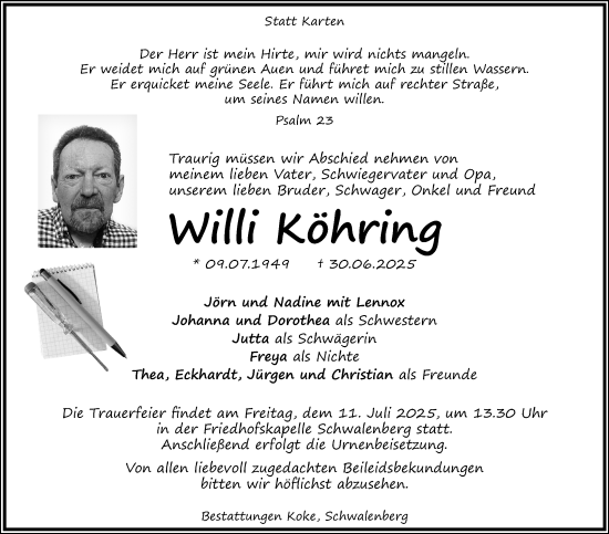Anzeige  Willi Köhring  Lippische Landes-Zeitung