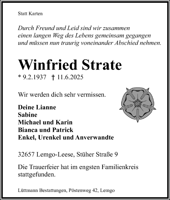 Anzeige  Winfried Strate  Lippische Landes-Zeitung