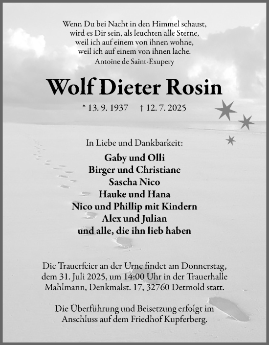 Anzeige  Wolf Dieter Rosin  Lippische Landes-Zeitung