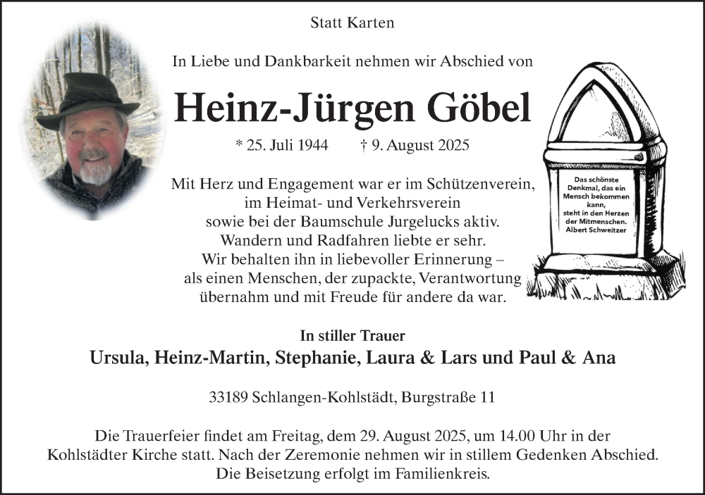  Traueranzeige für Heinz-Jürgen Göbel  vom 25.08.2025 aus Lippische Landes-Zeitung