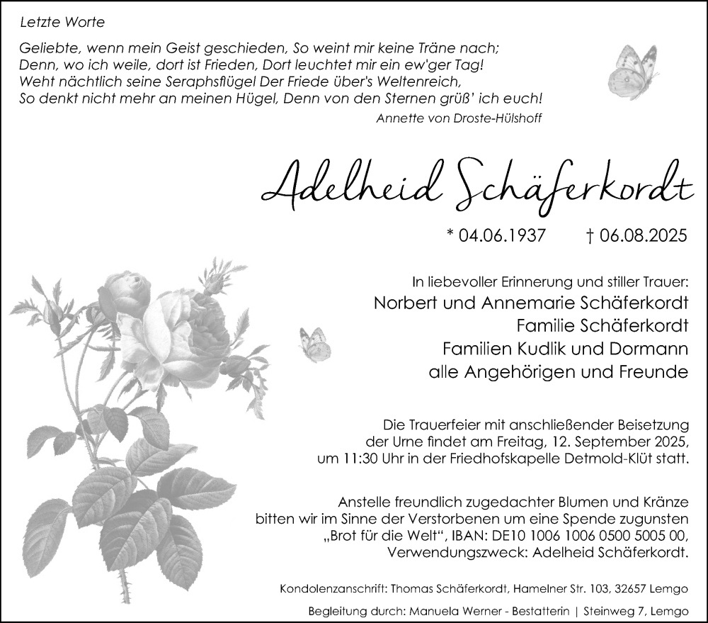 Traueranzeige für Adelheid Schäferkordt vom 30.08.2025 aus Lippische Landes-Zeitung