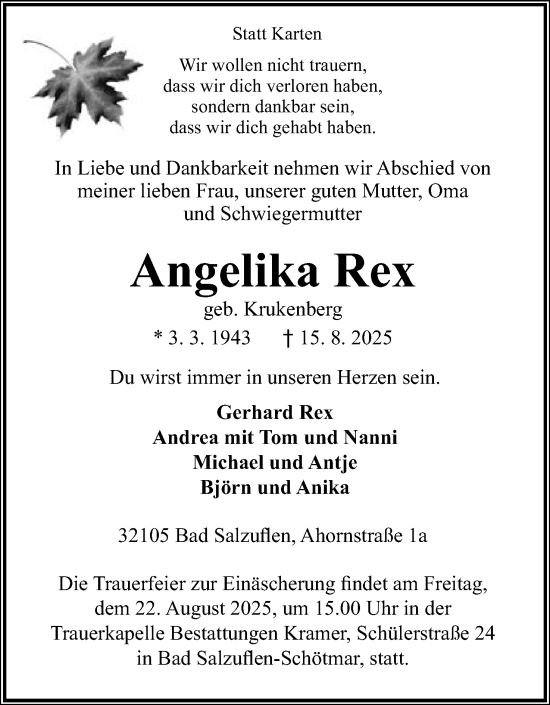 Anzeige  Angelika Rex  Lippische Landes-Zeitung