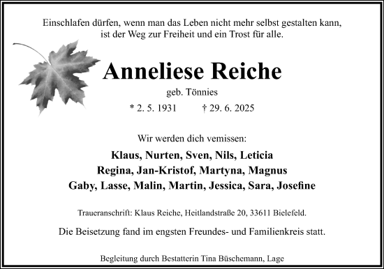 Anzeige  Anneliese Reiche  Lippische Landes-Zeitung