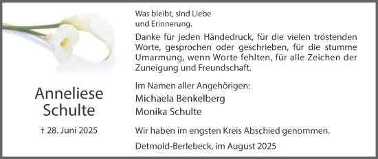 Anzeige  Anneliese Schulte  Lippische Landes-Zeitung