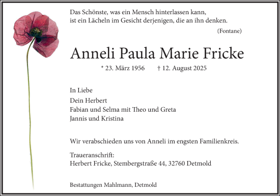Anzeige  Anneli Paula Marie Fricke  Lippische Landes-Zeitung