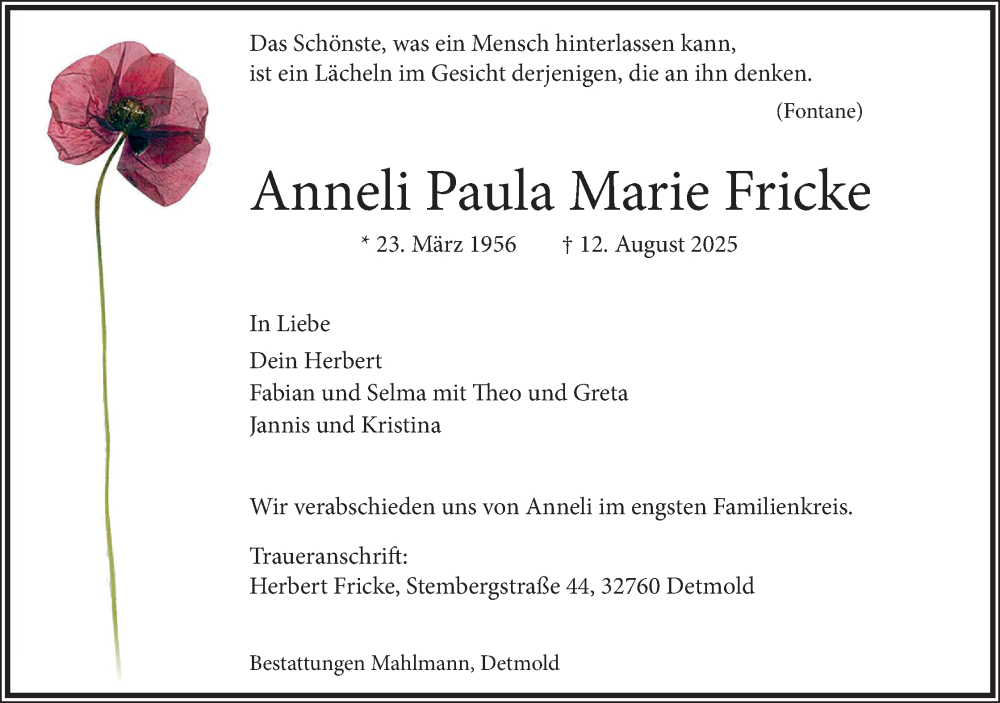  Traueranzeige für Anneli Paula Marie Fricke vom 16.08.2025 aus Lippische Landes-Zeitung