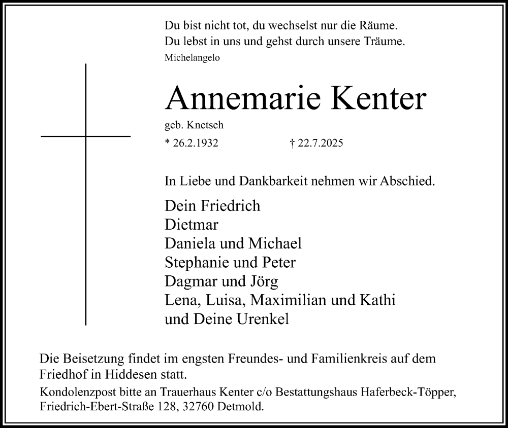  Traueranzeige für Annemarie Kenter vom 02.08.2025 aus Lippische Landes-Zeitung