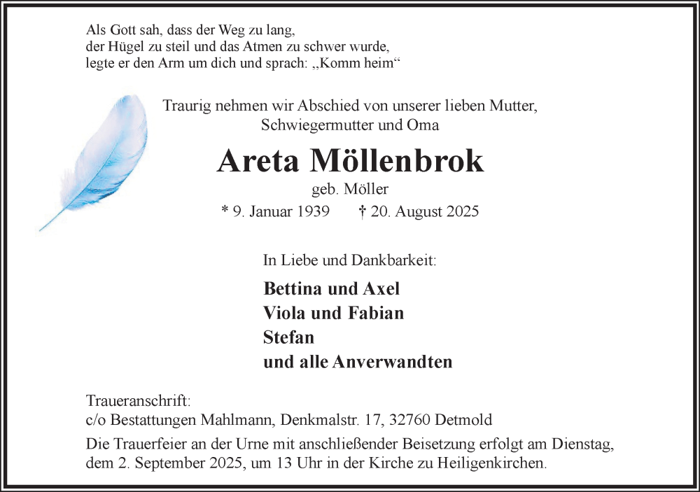  Traueranzeige für Areta Möllenbrok vom 30.08.2025 aus Lippische Landes-Zeitung